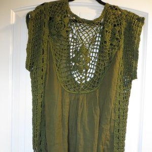 FREE PEOPLE Crochet Lace Detail Green Top Size Small 100% Cotton